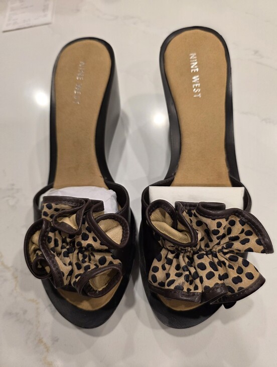 Nine West Shoes - Nine West Leopard-Print Bow Slide Mules in Tan and Brown with 3.5" wedge Heels.